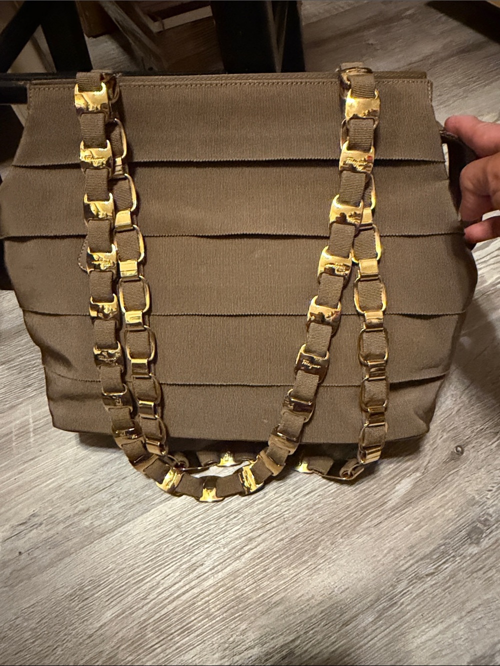 Salvatore Ferragamo Tiered Brown Shoulder Bag with Gold Chain Straps